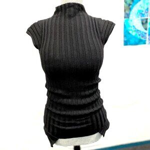 Andrea Ya'aqov Black Merino Fitted Mock Neck Cap Sleeved Sweater, Size L